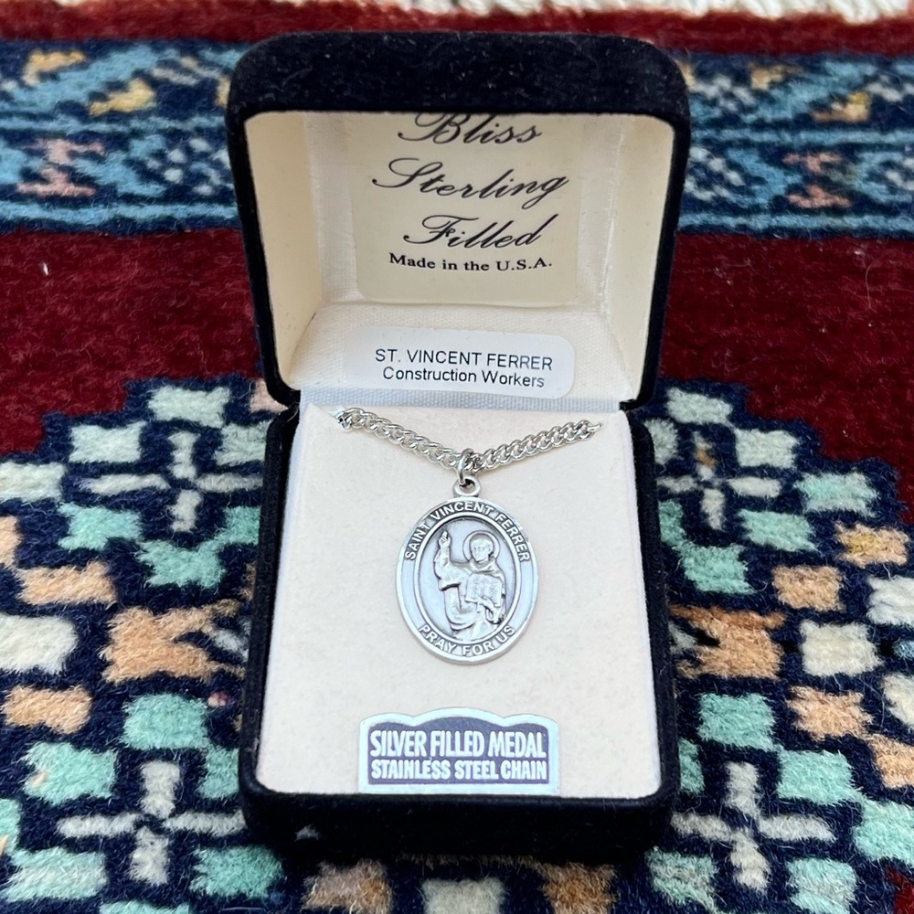 St. Vincent Ferrar Sterling Silver Oval Religious Medal Necklace 24” Heavy Chain